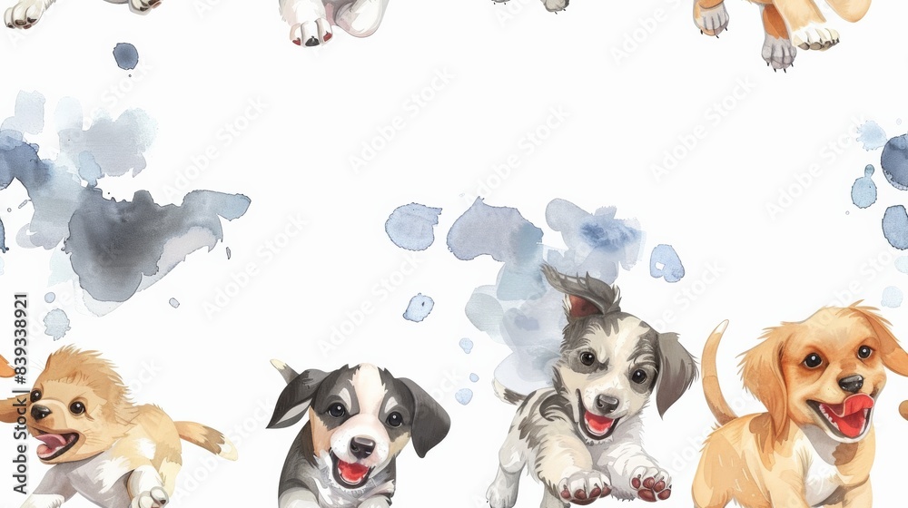 Obraz premium Playful puppies cartoon, frolicking together in watercolor Seamless