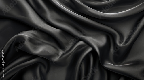 Luxurious black silk fabric with elegant folds and a smooth, glossy finish, perfect for background textures and design projects.