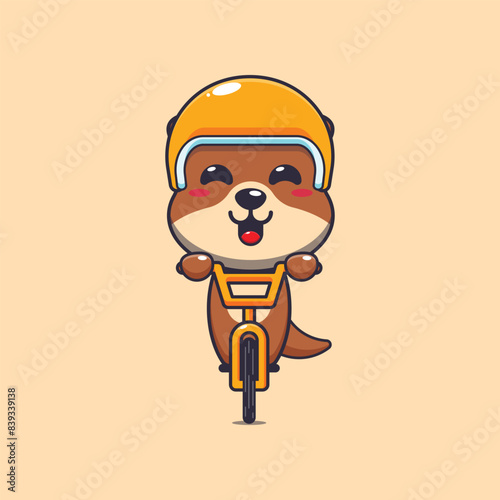 Cute otter mascot cartoon character ride on bicycle