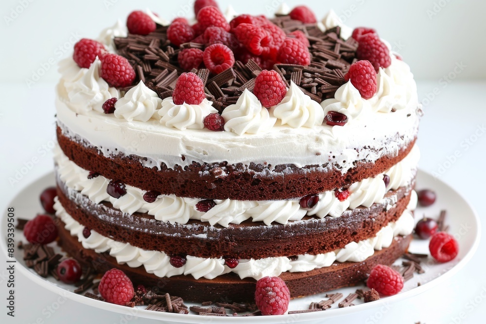 Red velvet cake with cream cheese frosting and fresh berries on a white plate Red velvet cake with cream cheese frosting and fresh berries on a white plate