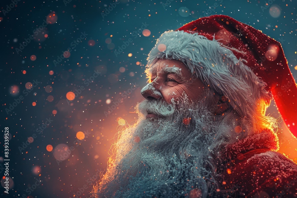 Atmospheric image of Santa Claus against a red backdrop with sparkling snowflakes and a festive vibe Atmospheric image of Santa Claus against a red backdrop with sparkling snowflakes and a festive vibe