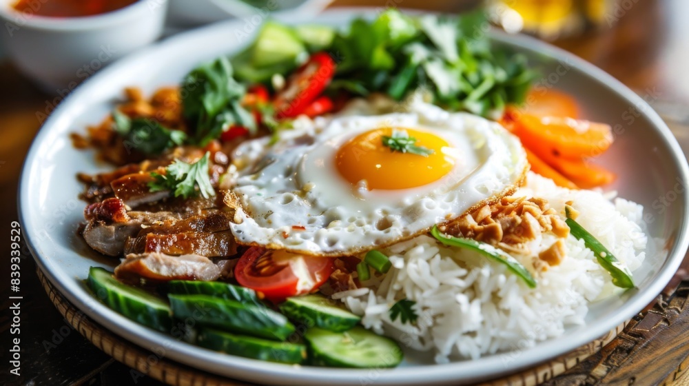 A serving of com tam, Vietnamese broken rice topped with grilled pork, shredded pork skin, and a fried egg, accompanied by fresh vegetables A serving of com tam, Vietnamese broken rice topped with grilled pork, shredded pork skin, and a fried egg, accompanied by fresh vegetables