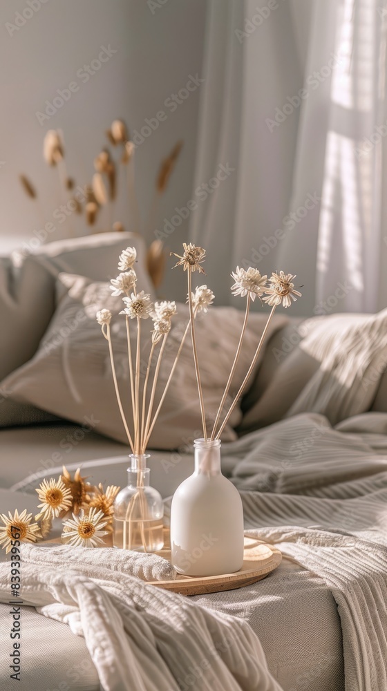 a reed diffuser with black sticks and yellow liquid on a table in front view, a white orchid flower nearby, a gray sofa behind it, a light background a reed diffuser with black sticks and yellow liquid on a table in front view, a white orchid flower nearby, a gray sofa behind it, a light background