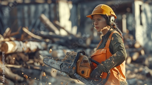 Portrait of a Determined Female Construction Worker Operating a Chainsaw Amidst Debris and Logs