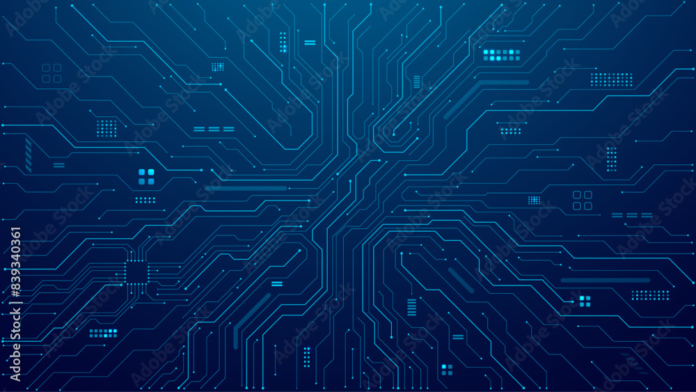 Abstract AI circuit board background. Technology connected blue lines with electronics elements on tech bg. Computer motherboard with a chip, processor, and semiconductor. Digital vector illustration