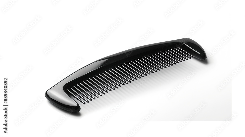 A sleek black hair comb with fine teeth, positioned against a solid white background, showcasing its versatility and effectiveness in detangling and styling hair. A sleek black hair comb with fine teeth, positioned against a solid white background, showcasing its versatility and effectiveness in detangling and styling hair.