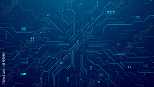 Abstract AI circuit board background. Technology connected blue lines with electronics elements on tech bg. Computer motherboard with a chip, processor, and semiconductor. Digital vector illustration (ID: 839340361)