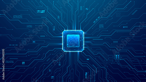 Abstract technology circuit board and processor. AI chip or CPU semiconductor. Tech background with circuit thin lines. Digital bg. Light blue neon microchip. Vector illustration of a motherboard. (ID: 839340395)