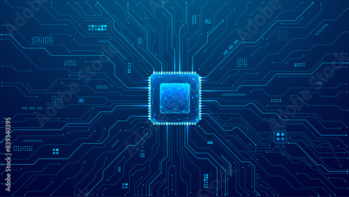 Abstract technology circuit board and processor. AI chip or CPU semiconductor. Tech background with circuit thin lines. Digital bg. Light blue neon microchip. Vector illustration of a motherboard.