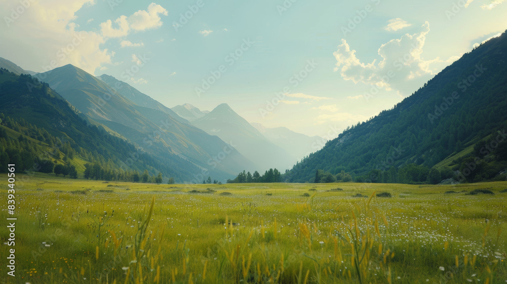 Obraz premium Scenic meadow landscape with lush green grass, wildflowers, and majestic mountains in the background under a serene sky.