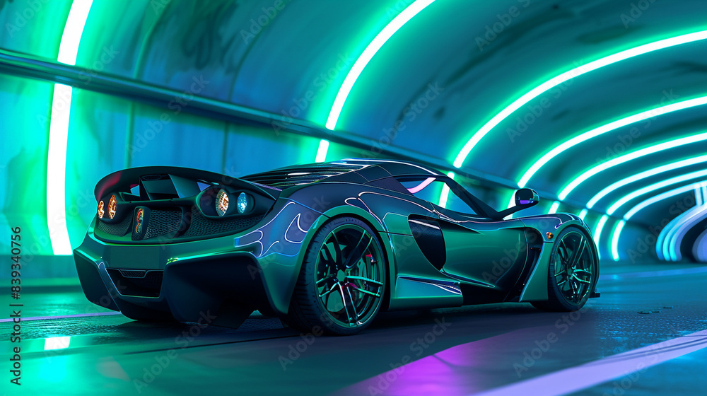 Gunmetal grey sports car in a tunnel with green and blue neon lighting, sleek capture in high resolution. Gunmetal grey sports car in a tunnel with green and blue neon lighting, sleek capture in high resolution.