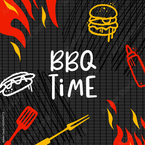 BBQ poster, restaurant grill flyer, vintage barbecue template with grunge outdoor grill. Hot Fire Flame Illustration. Meat On Fire Barbecue. Vector illustration