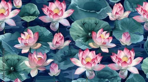 seamless pattern Miniature watercolor lotus flowers for a serene, repeating pattern