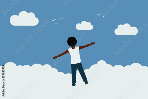 little boy dream about flying with birds in the sky vector illustration