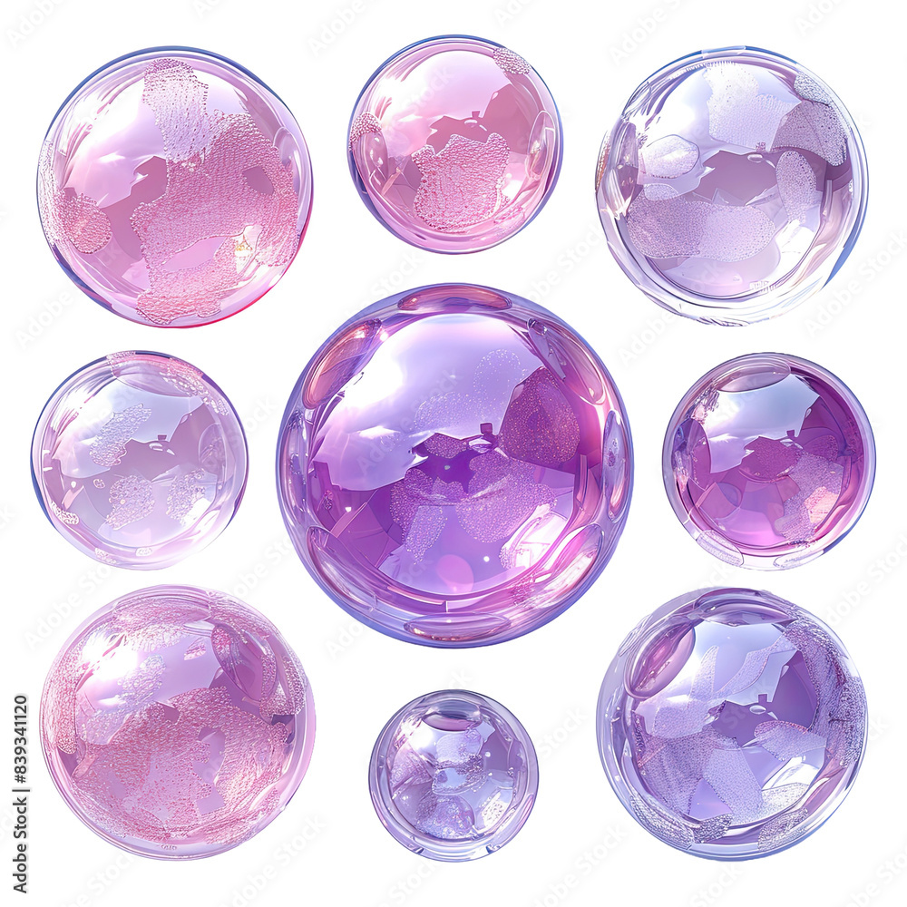 Set of isolated pink holographic liquid bubbles on white background Set of isolated pink holographic liquid bubbles on white background