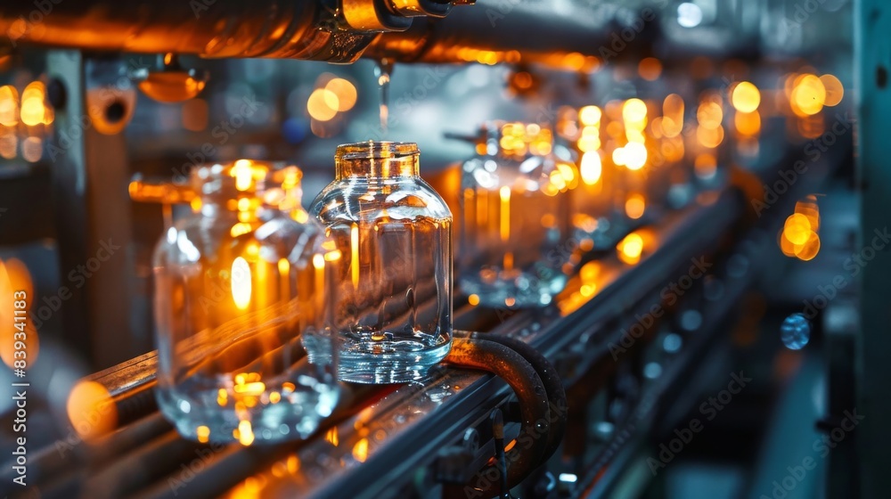 A line of glass jars are being filled with a liquid A line of glass jars are being filled with a liquid