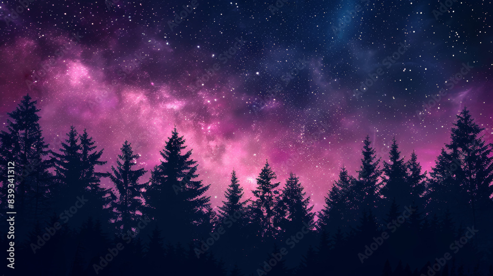 Fototapeta premium A stunning night sky filled with twinkling stars and vibrant nebulas, casting a breathtaking glow over a serene forest silhouette.