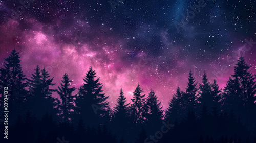 A stunning night sky filled with twinkling stars and vibrant nebulas  casting a breathtaking glow over a serene forest silhouette.