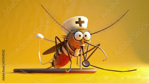 A 3D cartoon mosquito character with a doctora??s hat and a stethoscope, humorously representing health products for insect repellent. Set on a bright yellow background. photo