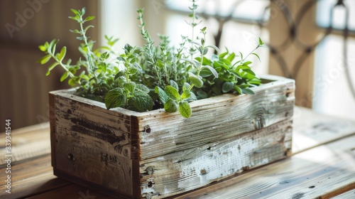 An herb garden in a wooden box on a rustic table  with mint and rosemary leaves on an old wood background