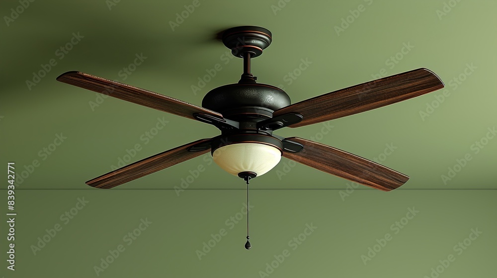 A traditional ceiling fan with wooden blades and a bronze finish, arranged against a solid olive green background, complementing the warmth and richness of earthy decor styles. A traditional ceiling fan with wooden blades and a bronze finish, arranged against a solid olive green background, complementing the warmth and richness of earthy decor styles.