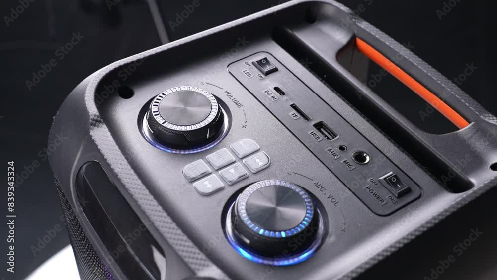 Hightech speaker control with inputs, LED knobs for a sophisticated sound system Hightech speaker control with inputs, LED knobs for a sophisticated sound system