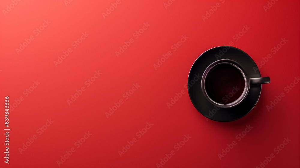 minimalist setup with a black coffee cup on a clean red background, top down view, and space for text minimalist setup with a black coffee cup on a clean red background, top down view, and space for text