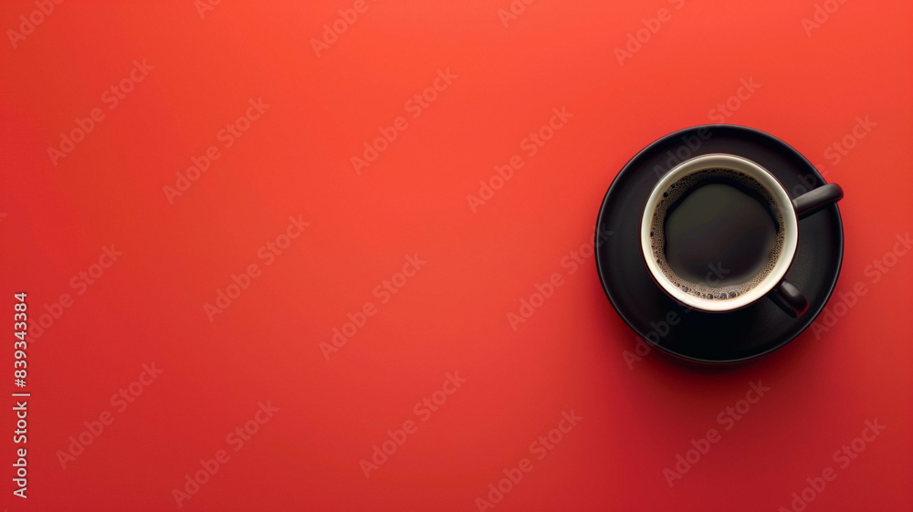 minimalist setup with a black coffee cup on a clean red background, top down view, and space for text minimalist setup with a black coffee cup on a clean red background, top down view, and space for text