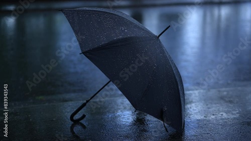 A lonely umbrella left on a rainy, wet street at nightfall, casting a blue hue over the scene photo