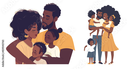 The African-American family embracing. Black people, happy parents, mother, father, and children
