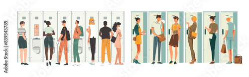 An illustration showing a gender-neutral public toilet with people in WC cabins, waiting, drying and washing hands.