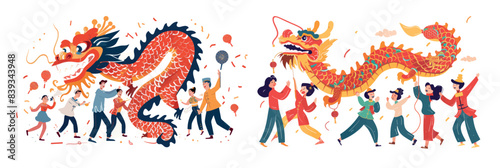 A happy lunar new year celebration with dragon puppets, festive costumes and people dancing.