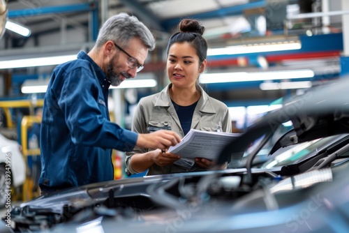 Automotive Technician Explaining Car Maintenance Report to a Customer in Modern Auto Service Center