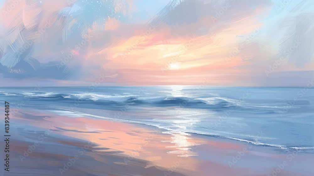 tranquil sunrise over sandy beach pastel sky reflecting on calm waves digital painting tranquil sunrise over sandy beach pastel sky reflecting on calm waves digital painting