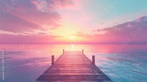 tranquil sunrise at wooden pier calm sea and pastel sky photorealistic illustration