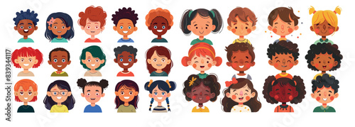 An illustration of a bundle of smiling kids with different hairstyles, skin colors