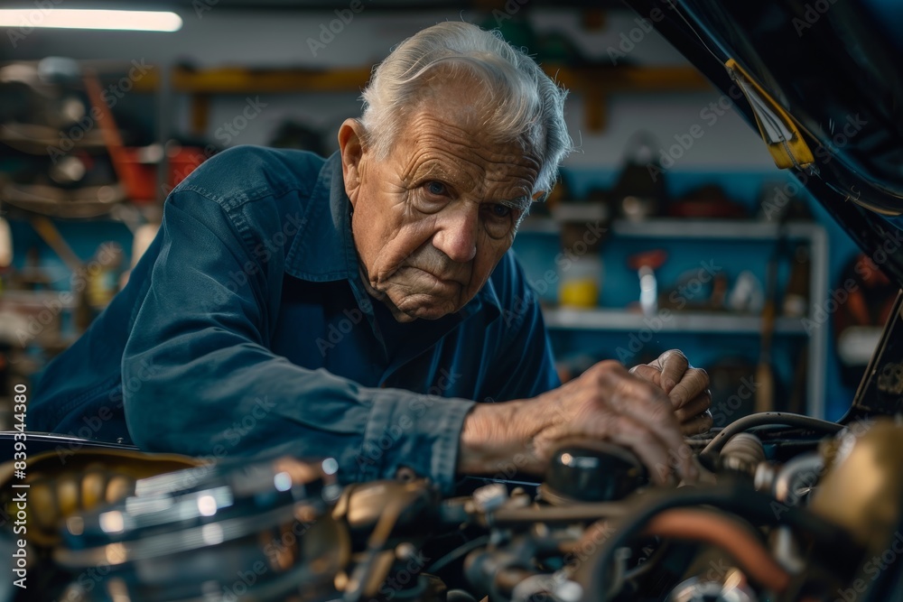 Elderly Man Inspecting Classic Car Engine in Well-Organized Garage - Nostalgic Automotive Repair Elderly Man Inspecting Classic Car Engine in Well-Organized Garage - Nostalgic Automotive Repair