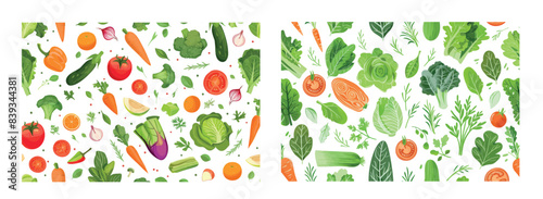 This seamless vegetarian pattern features healthy vegetables and fresh green food on a white background.