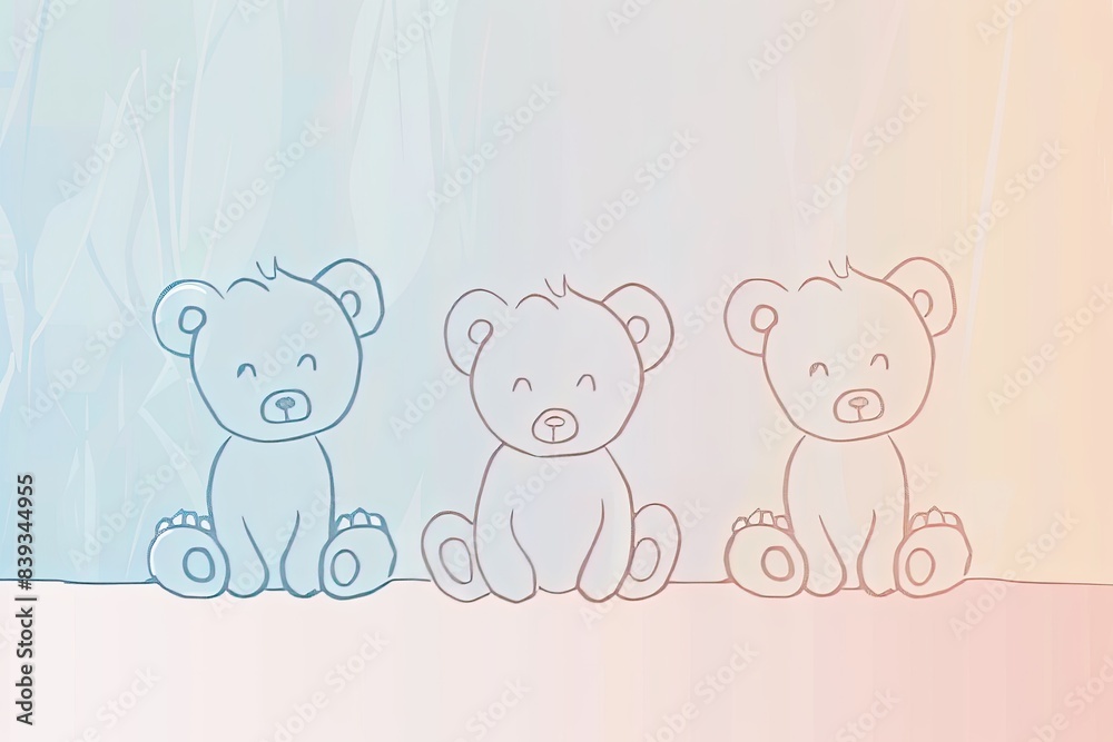 Minimalist line drawings of cute teddy bears, on a soft pastel background Minimalist line drawings of cute teddy bears, on a soft pastel background