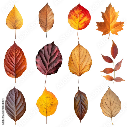 Autumn leaves set isolated on transparency background, multi color of leaves foliage in autumn season. for seasonal holiday greeting card design, PNG cut out