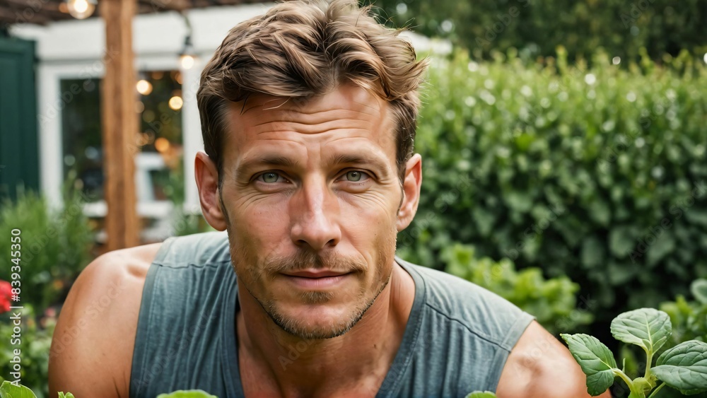 Portrait of smiling young botanist holding a fresh plant. Gardening people portrait. Portrait of smiling young botanist holding a fresh plant. Gardening people portrait.
