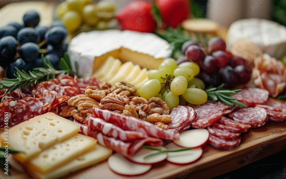 A beautifully arranged charcuterie board with cheese, salami, pecans, and grapes