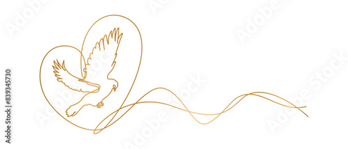 Continuous one line drawing. Flying pigeon with heart logo. gold vector illustration. Concept for logo, card, banner, poster, flyer