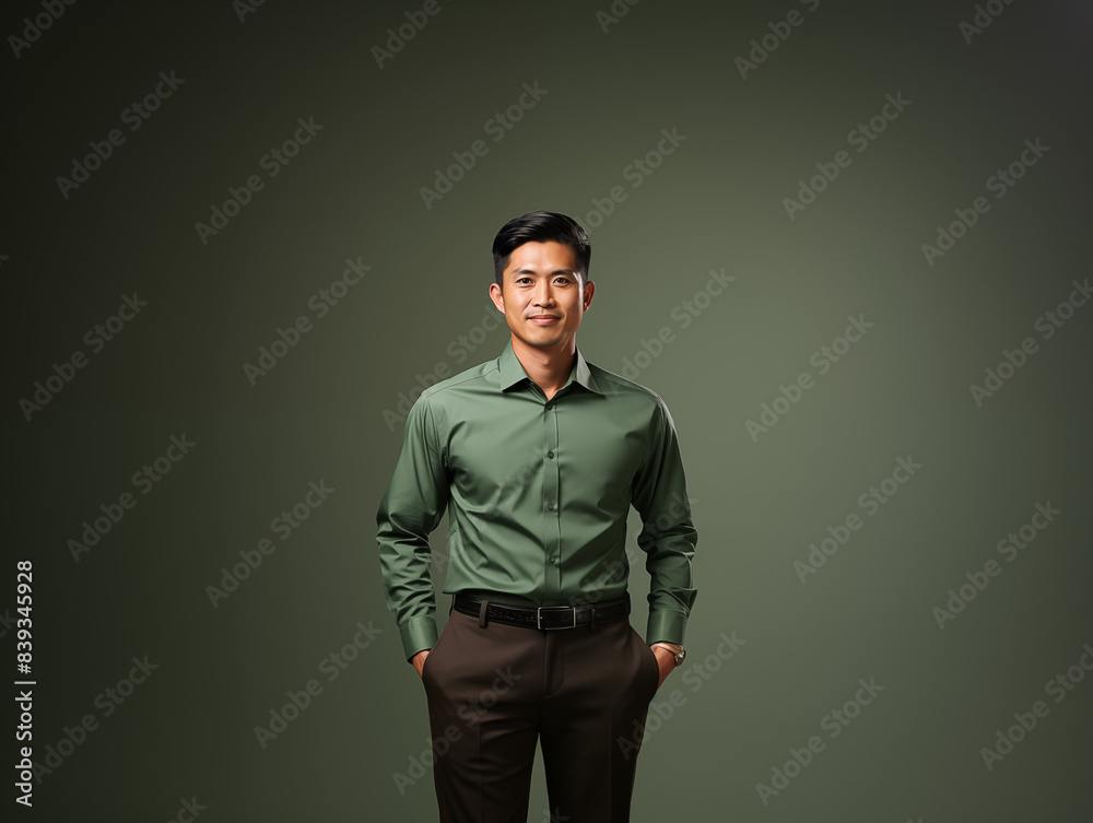 A joyful Asian man in green and white clothes against an isolated background A joyful Asian man in green and white clothes against an isolated background