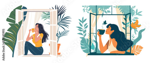 Inhaling fresh air, enjoying coffee in the morning time. Girl inhaling fresh air, relaxing at home.