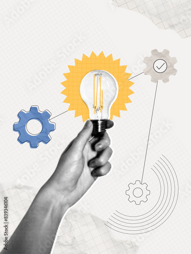Trendy Halftone Collage Woman Hand holds Light bulb. Idea innovation and inspiration concept. Automation of business processes. Lamp with gear. Vertical poster. Contemporary vector art illustration