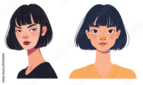 The face of a young woman avatar is relaxed with a friendly look. She has a bob cut with bangs and a stylish haircut.