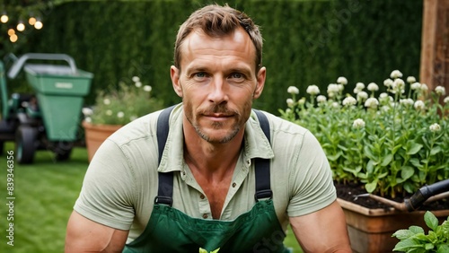 Portrait of smiling young botanist holding a fresh plant. Gardening people portrait.