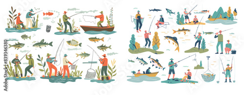 Flat graphic modern illustrations of fishermen catching trophy fish on white background from lake shore and on boat in river.