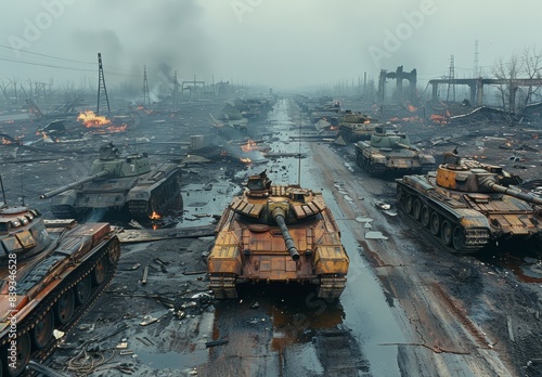 the aftermath of a battlefield, featuring destroyed tanks and smoldering ruins. The scene vividly portrays the devastation of war and its impact on the environment. photo